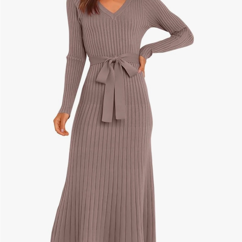 Anrabess NWT Taupe Brown Knit ribbed midi dress M with waist tie long sleeve